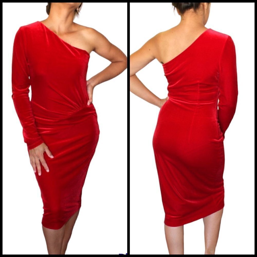 Black Halo Eve Red Velvet one shoulder Dress asymmetrical Cocktail Sexy Size 8